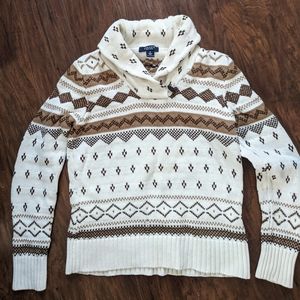 Chaps Sweater S XS All Cotton Ivory Shawl Collar Brown Print